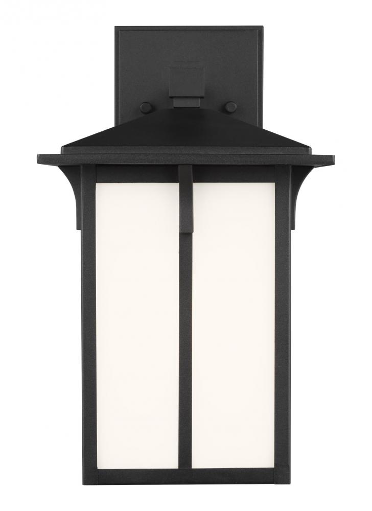 Tomek modern 1-light outdoor exterior small wall lantern sconce in black finish with etched white gl