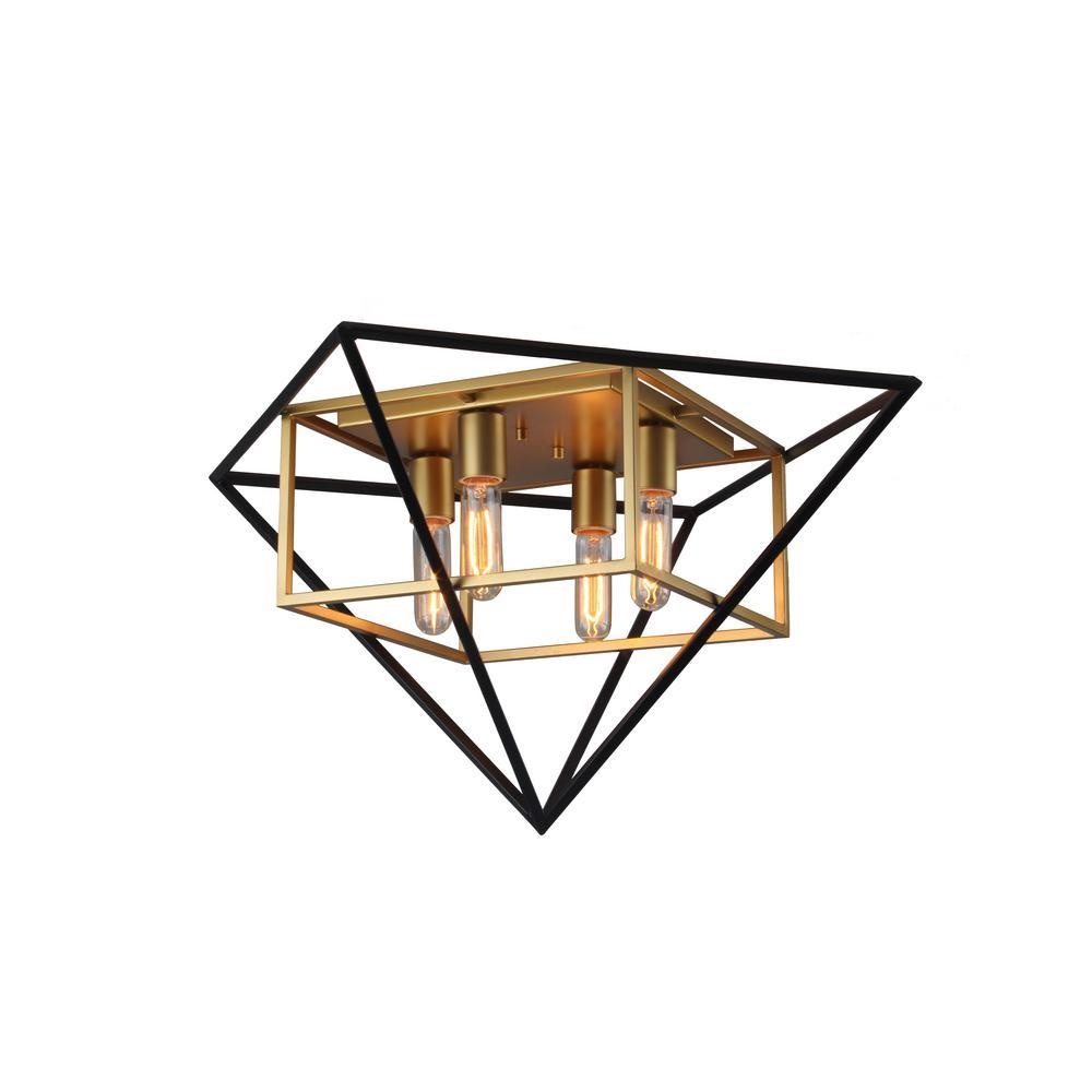 4 LT Geometric Open Frame Ceiling Light w/ Antique Gold & Black Finish