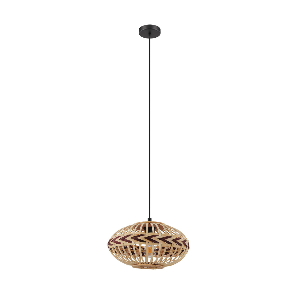 1 LT Pendant w/ Black Finish & Natural Wood Shade w/ Burgandy Accents