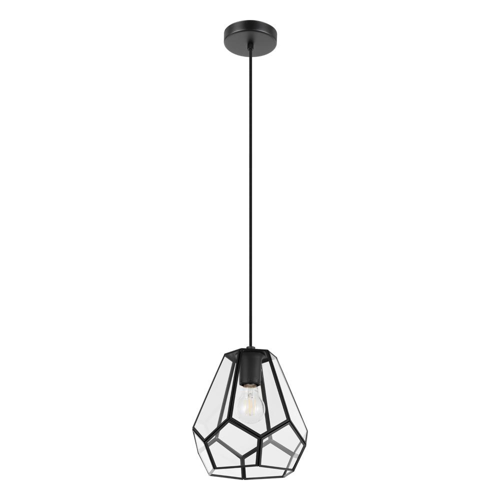 1 LT Pendant w/ Black Finish & Clear Geometric Glass Shade w/ Black Accents